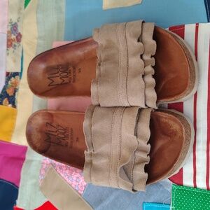 Miz Mooz Rocio Taupe Ruffle Cork Slide Sandals